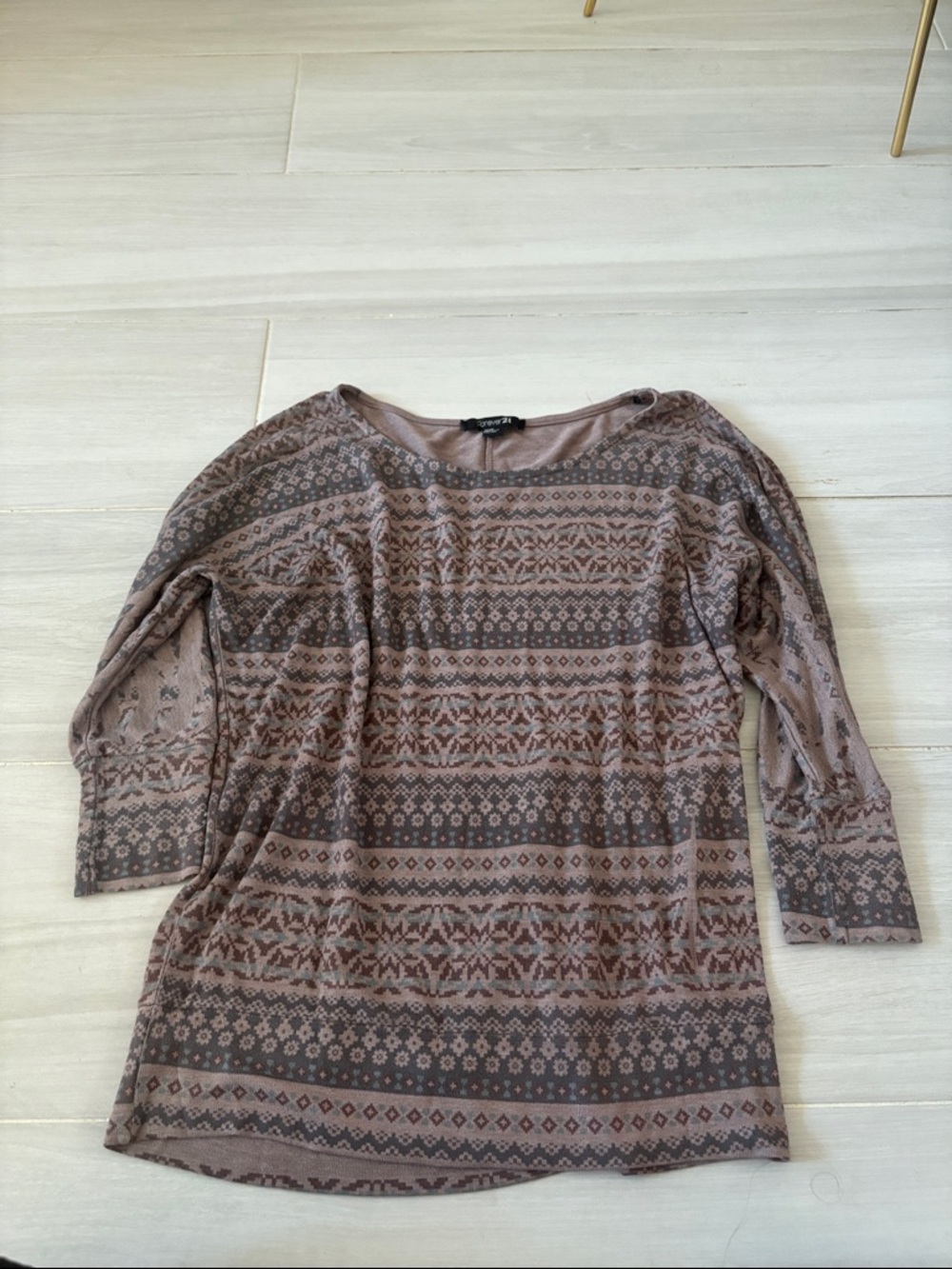 Forever 21 Taupe and Gray Patterned Boatneck Top